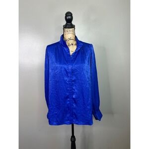 Aura satin blue button up blouse business office career Wear size medium